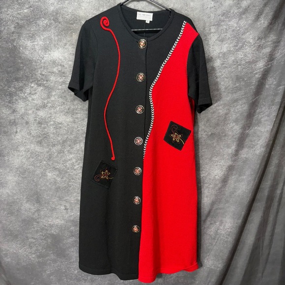 The Michael Collection Dresses & Skirts - The Michael Collection Black Red Santana Knit Button Front Dress XL Art Vintage